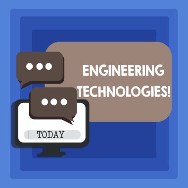 El yazısı metin yazma mühendislik teknolojileri. Sohbet simgesi için bilimsel ve mühendislik bilgi boş bilgisayar monitörü ve iki konuşma balonu üç noktalı kavramı anlam uygulama.