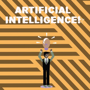 Yapay zeka gösterilen metin işareti. Kavramsal fotoğraf normalde huanalysis istihbarat iş adamı ayakta yükselterek silah yukarı ışıklı ampul simgesi kafasında gerektiren görevleri yerine.