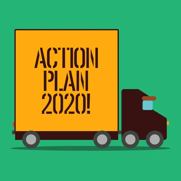 Textschild mit Aktionsplan 2020. konzeptionelles Foto vorgeschlagene Strategie oder Vorgehensweise für das nächste Jahr Lieferung LKW mit leeren abgedeckten hinteren Container, um Waren zu transportieren. — Stockfoto