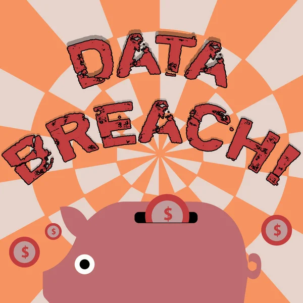 Text sign showing Data Breach. Conceptual photo security incident in which sensitive confidential data is copied Colorful Piggy Money Bank and Coins with Dollar Currency Sign in the Slit.