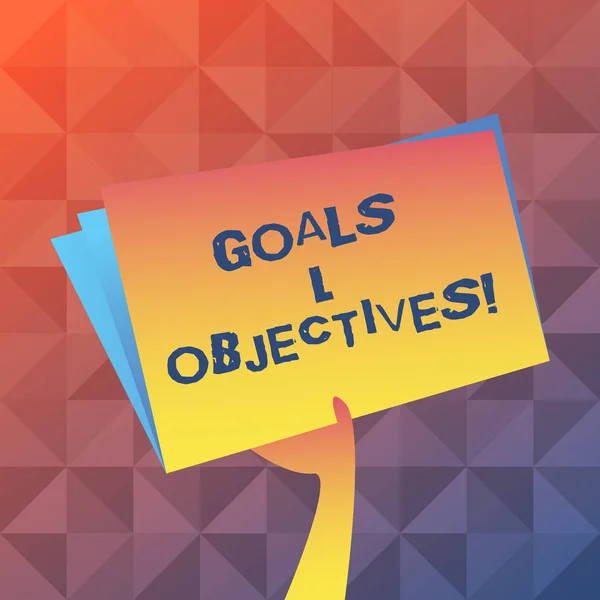 Text sign showing Goals And Objectives. Conceptual photo define strategies or implementation steps attain aims Hand Holding and Raising Blank Space Colorful File Folder with Sheet Inside. — Stock Photo, Image