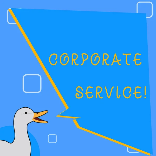 Word writing text Corporate Service. Business concept for activities combine enterprise needed support services photo of Duck Speaking with Uneven Shape Blank Blue Speech Balloon.