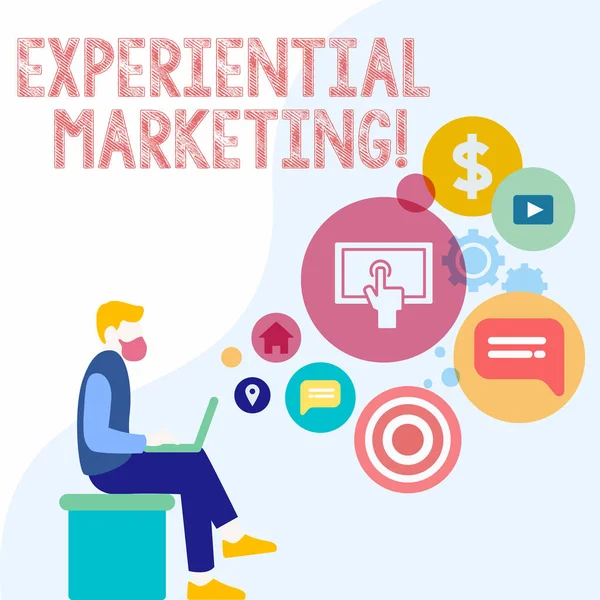 Handwriting text Experiential Marketing. Concept meaning marketing strategy that directly engages consumers Man Sitting Down with Laptop on his Lap and SEO Driver Icons on Blank Space. — Stock Photo, Image