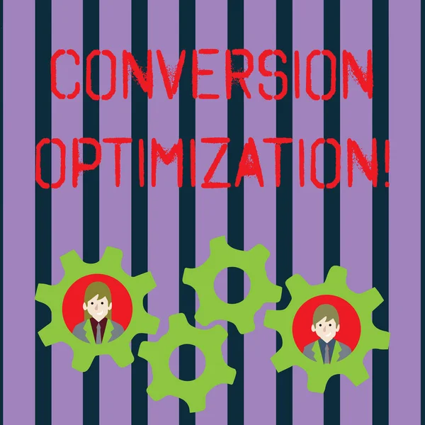 Conceptual hand writing showing Conversion Optimization. Business photo showcasing system increasing percentage of visitors to website Two Business People Inside Cog Wheel Gear for Teamwork Event.