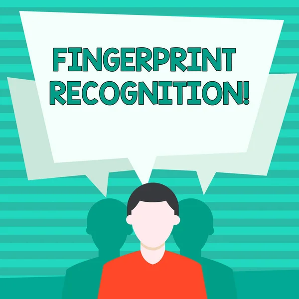 Conceptual hand writing showing Fingerprint Recognition. Business photo showcasing identifying identity individual based on his finger Faceless Man has Two Shadows with Speech Bubble Overlapping. — Stock Photo, Image
