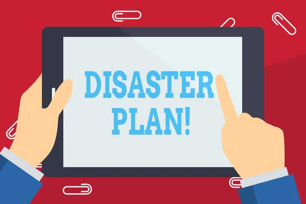 Writing note showing Disaster Plan. Business photo showcasing process or set of procedures to execute organizations recovery Businessman Hand Holding and Pointing Colorful Tablet Screen.