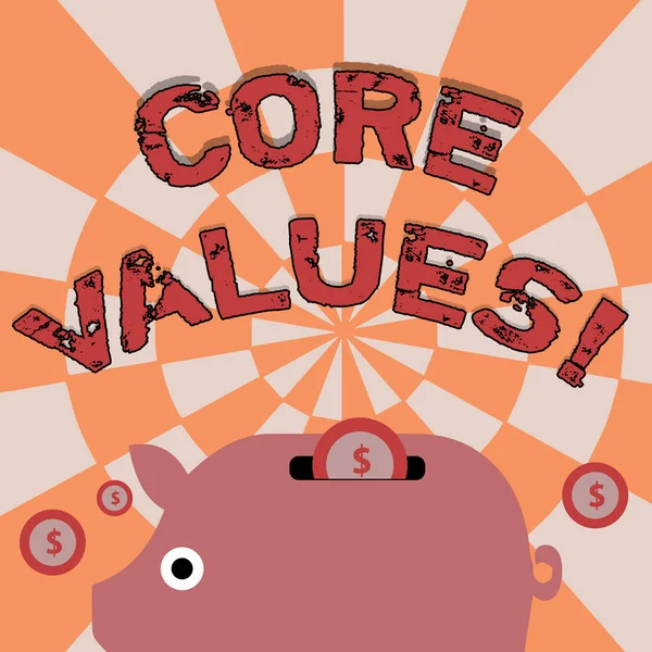 Text sign showing Core Values. Conceptual photo principle that demonstrating views as being central importance Colorful Piggy Money Bank and Coins with Dollar Currency Sign in the Slit.