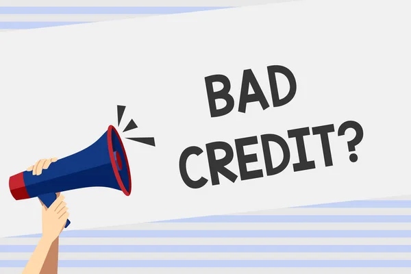 Writing note showing Bad Credit Question. Business photo showcasing offering help after going for loan then rejected Human Hand Holding Megaphone with Sound Icon and Text Space. — Stock Photo, Image