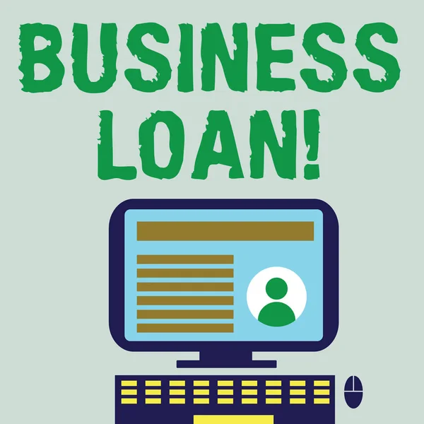 Scrivere testi Word Business Loan. Business concept per la creazione di debito che sarà rimborsato con interesse aggiunto Desktop Computer Montato su Stand con Dati Profilo Online sullo Schermo Monitor . — Foto Stock