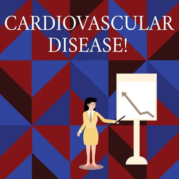 Writing note showing Cardiovascular Disease. Business photo showcasing conditions involve narrowed or blocked blood vessels Woman Holding Stick Pointing to Chart of Arrow on Whiteboard. — Stock Photo, Image