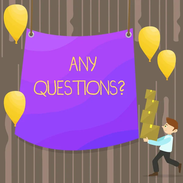Handwriting text Any Questions Question. Concept meaning you say write order to ask demonstrating about something Man Carrying Pile of Boxes with Blank Tarpaulin in the Center and Balloons.
