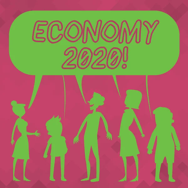 Word Writing Text Economy 2020. business concept for state of country in Bezug auf Produktion und Konsumgüter Silhouette Figur der Menschen reden und teilen eine bunte Sprechblase. — Stockfoto
