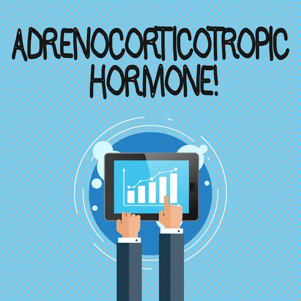 개념적 손 Adrenocorticotropic 호르몬을 보여주는 작성입니다. 비즈니스 사진 보여주는 사업가 손 만지고 스마트폰 화면에 바 차트를 뇌 피 질에서 분 비 하는 호르몬. — 스톡 사진