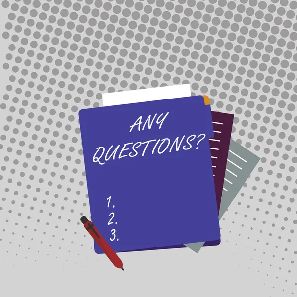 Handwriting text Any Questions Question. Concept meaning you say write order to ask demonstrating about something Colorful Lined Paper Stationery Partly into View from Pastel Blank Folder.