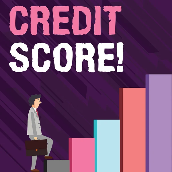 Het schrijven van nota tonen Credit Score. Zakelijke foto presentatie van numerieke expressie gebaseerd op analyse van demonstratings bestanden Man die een aktetas in peinzende expressie klimmen omhoog. — Stockfoto