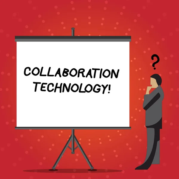 Conceptual hand writing showing Collaboration Technology. Business photo text joint efforts work groups to accomplish task Businessman with Question Mark Above his Head Blank Screen.