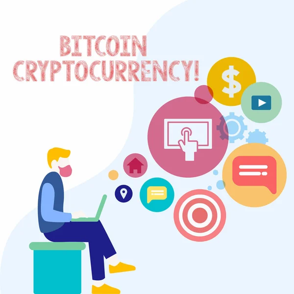 El yazısı metin Bitcoin Cryptocurrency. Kavram anlam dijital ödeme para birimi cryptocurrencies adam oturuyor aşağı burnunun üstünde Laptop ve Seo sürücü simgeleri boş alanı kullanır. — Stok fotoğraf