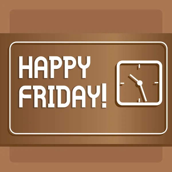 Text sign showing Happy Friday. Conceptual photo starting fresh week after weekend welcoming it with smile Modern Design of Transparent Square Analog Clock on Two Tone Pastel Backdrop. — Stock Photo, Image