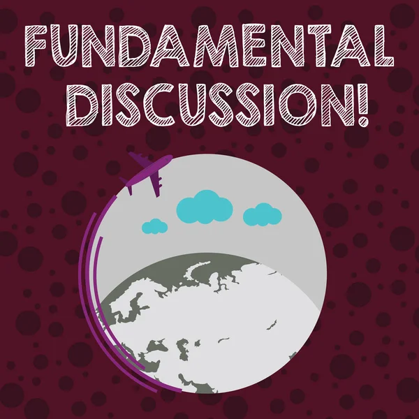 Escritura manual conceptual mostrando Discusión Fundamental. Texto de la foto de negocios Acción necesaria o proceso de hablar algo Avión volando alrededor colorido globo y espacio de texto en blanco . —  Fotos de Stock