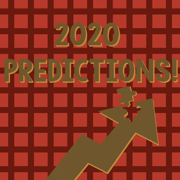 Schrijven van notitie weergegeven: 2020 voorspellingen. Zakelijke foto presentatie van verklaring over wat je denkt dat zal gebeuren in de toekomst pijl wijst omhoog met vrijstaand deel Jigsaw Puzzle stuk. — Stockfoto