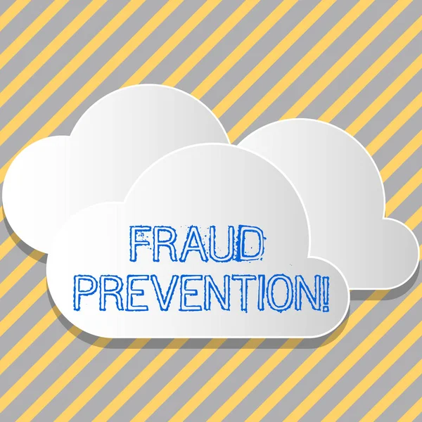 Conceptual hand writing showing Fraud Prevention. Business photo showcasing stop from doing or happening to hinder demonstrating acting White Clouds Cut Out of Board Floating on Top of Each Other.