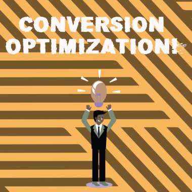Dönüşüm Optimizasyon gösterilen metin işareti. İş adamı ayakta yükselterek silah yukarı ışıklı ampul simgesi kafasında olan Web sitesine ziyaretçi yüzdesi artan kavramsal fotoğraf sistemi.