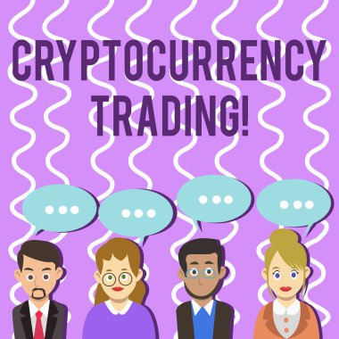 Kavramsal el Cryptocurrency Trading gösterilen yazma. İş fotoğraf metin sadece cryptocurrencies içinde belgili tanımlık çarşı grubu iş adamları üç noktalı konuşma balonu ile değişimi.