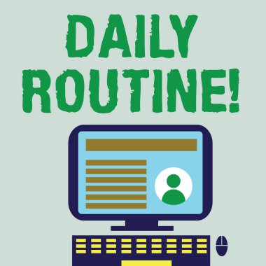 Word metin günlük rutin yazma. Masaüstü bilgisayar üzerine monte Stand ile Online profil verileri monitör ekranında iş kavramı için yordam olağan alışılmış veya normal ders görevleri.