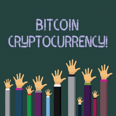 Bitcoin Cryptocurrency gösterilen not yazma. İş fotoğraf dijital ödeme para birimi vitrine cryptocurrencies işadamları eller yükselterek kadar yukarıda baş, Palm Ön kullanır.