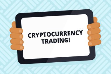 Cryptocurrency ticaret yazma el yazısı metin. Sadece cryptocurrencies renk Tablet Smartphone boş ekran el ile pazarda alışverişini geri bir Gadget anlam kavramı.