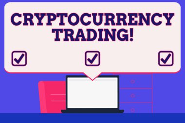 Cryptocurrency ticaret gösterilen metin işareti. Kavramsal fotoğraf sadece cryptocurrencies içinde belgili tanımlık çarşı boş büyük konuşma balonu işaret beyaz dizüstü ekran çalışma alanı fikir alışverişi.