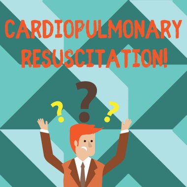 Word metin yazma kalp masajı. İş kavramı yinelenen döngüleri sıkıştırma göğüs için solunum karışık iş adamı yetiştirme hem silahlarla başının üzerinde soru işaretleri.