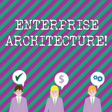 Text sign showing Enterprise Architecture. Conceptual photo practice for conducting enterprise analysis design Businessmen Each has their Own Speech Bubble with Optimization Cost Icons. clipart