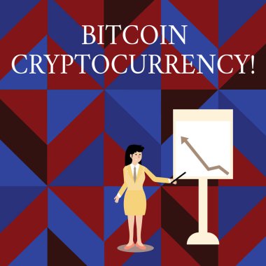 Bitcoin Cryptocurrency gösterilen not yazma. İş fotoğraf dijital ödeme para birimi vitrine cryptocurrencies kadın elinde sopa işaret beyaz tahta üzerindeki oku grafik için kullanır.