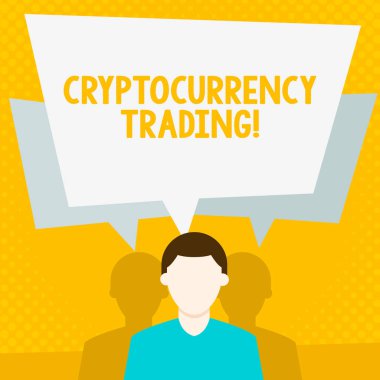 Kavramsal el Cryptocurrency Trading gösterilen yazma. Sadece cryptocurrencies yüzsüz adam pazarda alışverişini vitrine iş fotoğraf konuşma balonu çakışan iki gölgeler vardır.