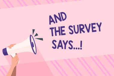 Ve Survey Says gösterilen metin işareti. Kavramsal fotoğraf kısa quiz veya sınavı sözlü sonuçlarını internet üzerinde yazılı insan elini tutarak sıkı bir megafon ses simgesi boş metin alanı ile.
