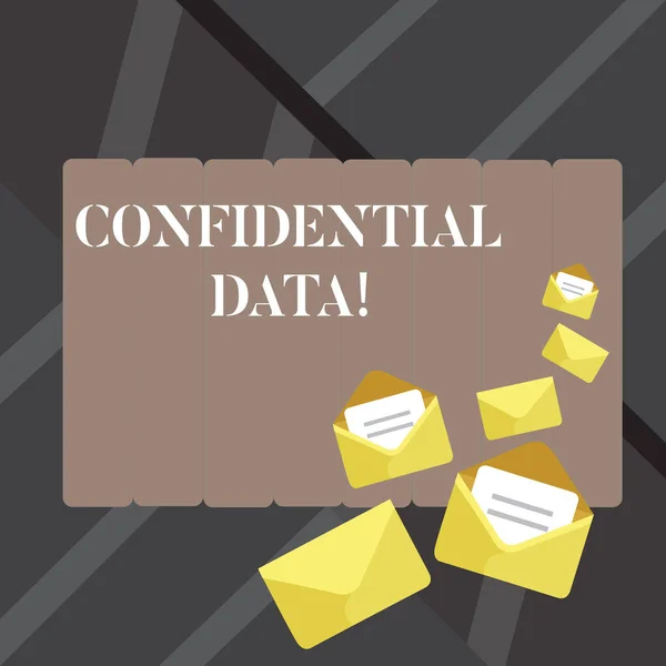 Text sign showing Confidential Data. Conceptual photo term that typically represents them as classified Closed and Open Envelopes with Letter Tucked In on Top of Color Stationery. — Stock Photo, Image