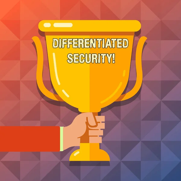 Word writing text Differentiated Security. Business concept for deploys different policies according to identity Hand Holding Blank Golden Championship Winners Cup Trophy with Reflection. — Stock Photo, Image