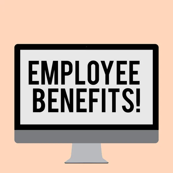 Word writing text Employee Benefits. Business concept for indirect and non cash compensation paid to employee Blank White Computer Monitor WideScreen Mounted on a Stand for Technology.