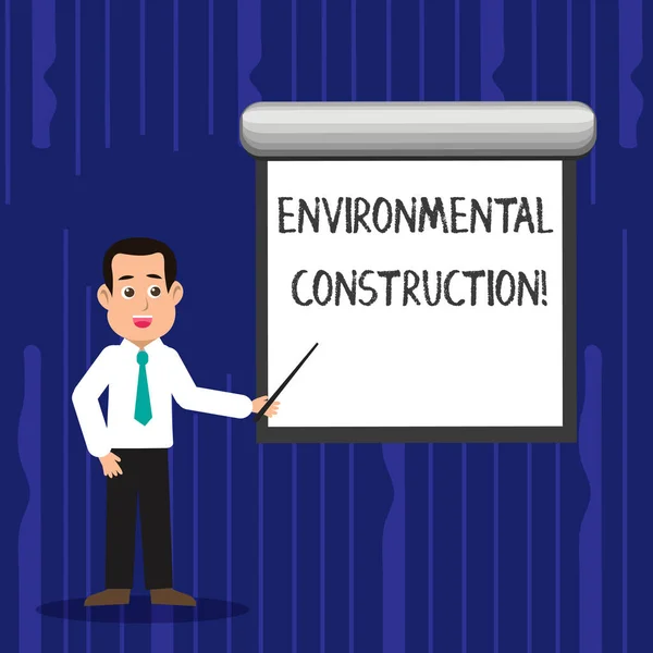 Text sign showing Environmental Construction. Conceptual photo knowledgeable about sustainable building practice Man in Necktie Talking Holding Stick Pointing to Blank White Screen on Wall. — Stock Photo, Image