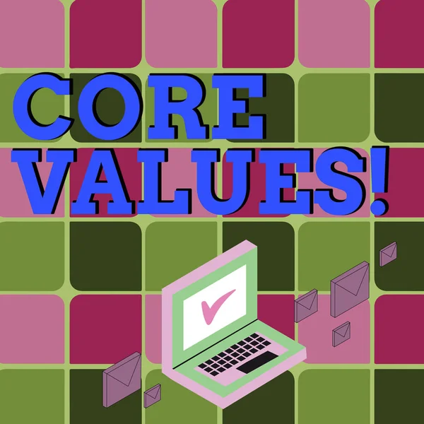 Text sign showing Core Values. Conceptual photo principle that demonstrating views as being central importance Color Mail Envelopes around Laptop with Check Mark icon on Monitor Screen.