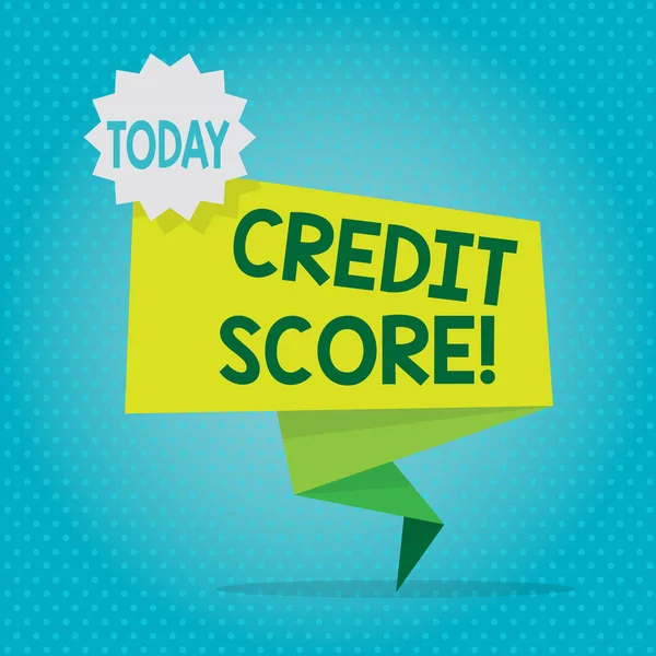 Text sign showing Credit Score. Conceptual photo numerical expression based on level analysis of demonstratings files Blank Space Green Two Tone Folded Back Banner Strip with Seal Stamp Sticker.