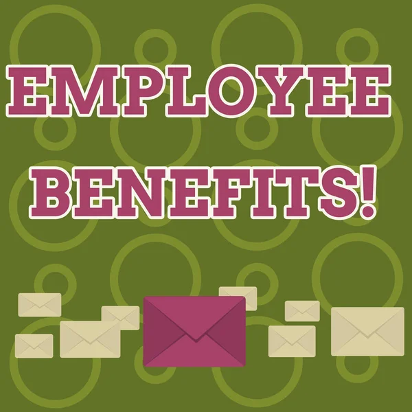 Word writing text Employee Benefits. Business concept for indirect and non cash compensation paid to employee Pastel Color Closed Envelopes in Different Sizes with Big one in the Middle.