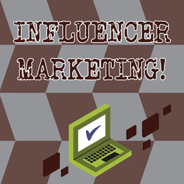 Conceptual hand writing showing Influencer Marketing. Business photo showcasing focus is placed influential showing rather than target Mail Envelopes around Laptop with Check Mark icon on Monitor.