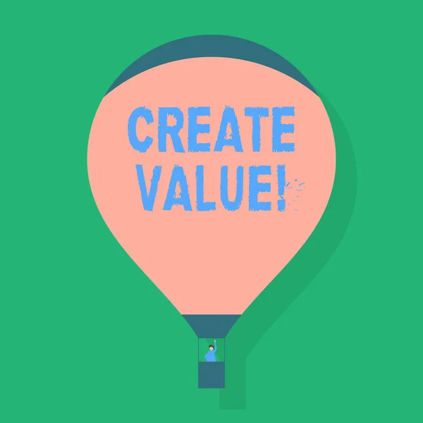 Γράφοντας κείμενο λέξη δημιουργία αξίας. Επιχειρηματική ιδέα για να βεβαιωθείτε ότι συναφώς ότι κάτι κριθεί ότι του αξίζουν κενό ροζ ζεστό αέρα μπαλόνι επιπλέουν με έναν επιβάτη κουνώντας από γόνδολα. — Φωτογραφία Αρχείου