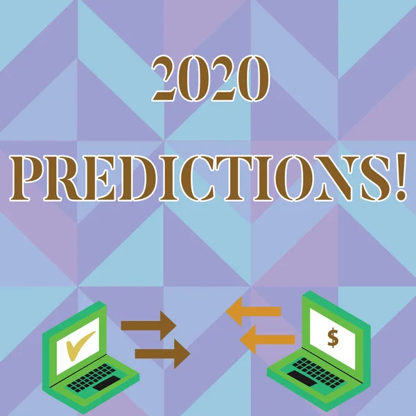 Nota de escritura que muestra las predicciones de 2020. Foto de negocios mostrando declaración sobre lo que crees que sucederá en el futuro Iconos de Flecha Entre Dos Laptop Moneda Regístrate y comprueba los iconos . —  Fotos de Stock