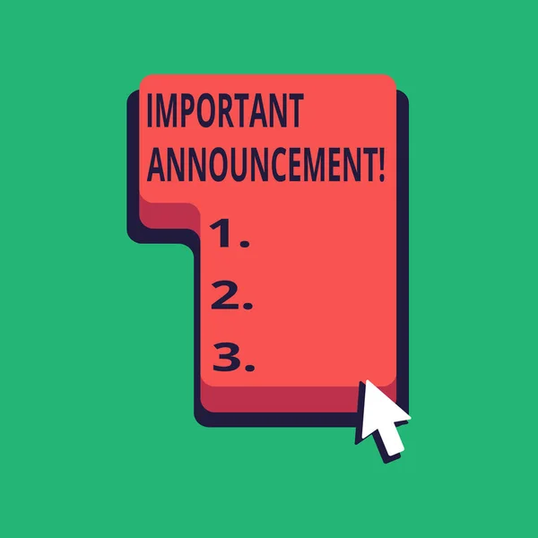 Word writing text Important Announcement. Business concept for A significant public notification or declaration Direction to Press or Click the Red Keyboard Command Key with Arrow Cursor. — Stock Photo, Image