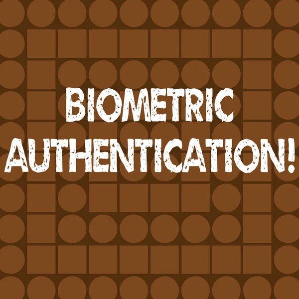Szöveg írása biometria hitelesítés szó. Üzleti koncepció, a személyazonosság ellenőrzését foglalja magában, biológiai bemeneti kombinált a barna négyzetek és körök alkotó koncentrikus stílusú minta. — Stock Fotó