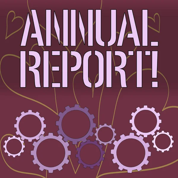 Word writing text Annual Report. Business concept for includes information on what have become known within year Colorful Cog Wheel Gear Engaging, Interlocking and Tesselating Flat Style.