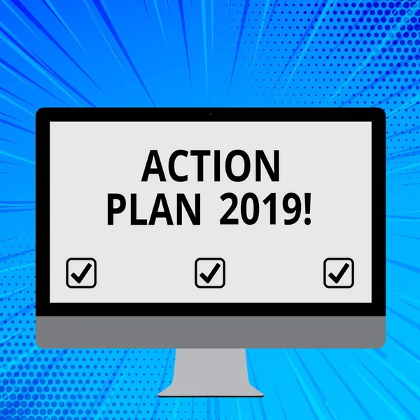 Word writing text Action Plan 2019. Business concept for proposed strategy or course of actions for current year Blank White Computer Monitor WideScreen Mounted on a Stand for Technology.